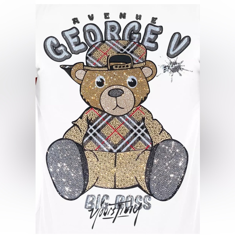 George V Paris T-Shirt rhinestone Teddy Bear men’s white Fitted tee unisex